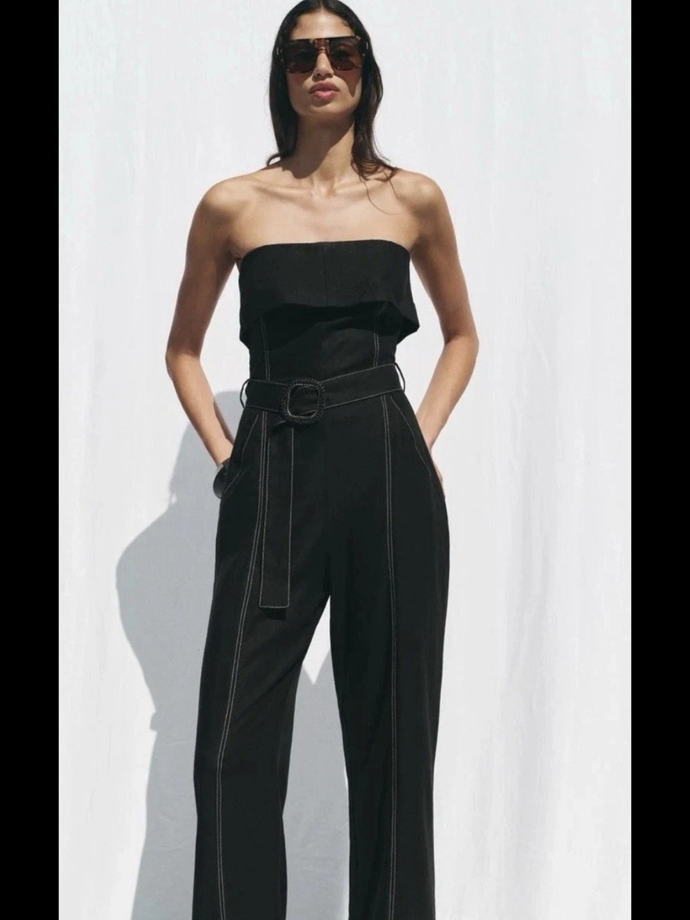 Zara Black Strapless Belted Jumpsuit with Contrast Stitching